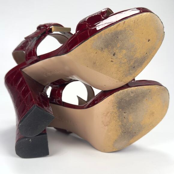 Calvin Klein Red Croc Leather Block Platform Heels Gold Buckle Size 8.5 - Picture 8 of 10